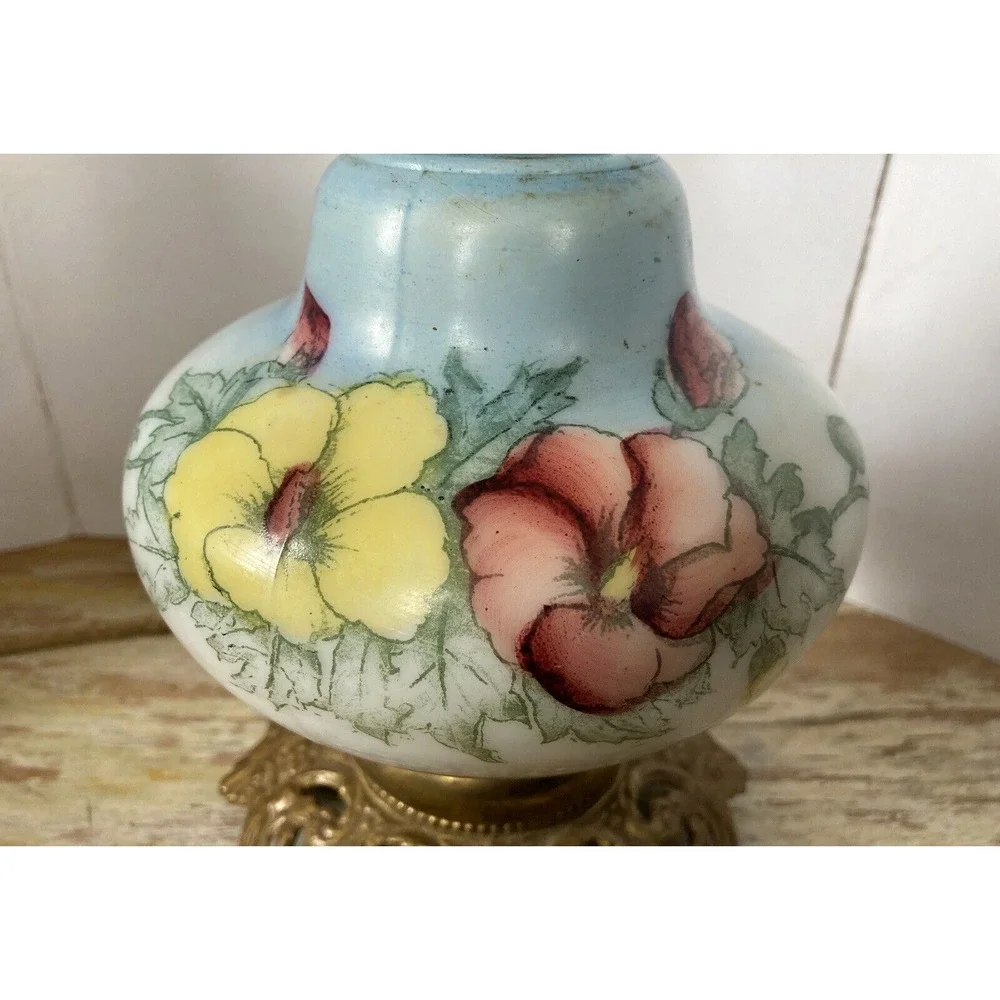 Antique vintage hand painted glass lamp blue with red yellow flowers cast base